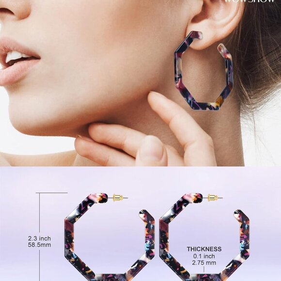 Acrylic Resin Hoop Earrings for Women Statement Fashion Geometric Octagon Earrin - Picture 5 of 6